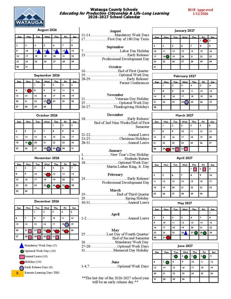 Watauga County Schools Calendar 2026-2027