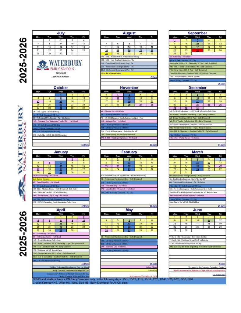 Waterbury Public Schools Calendar 2025-2026