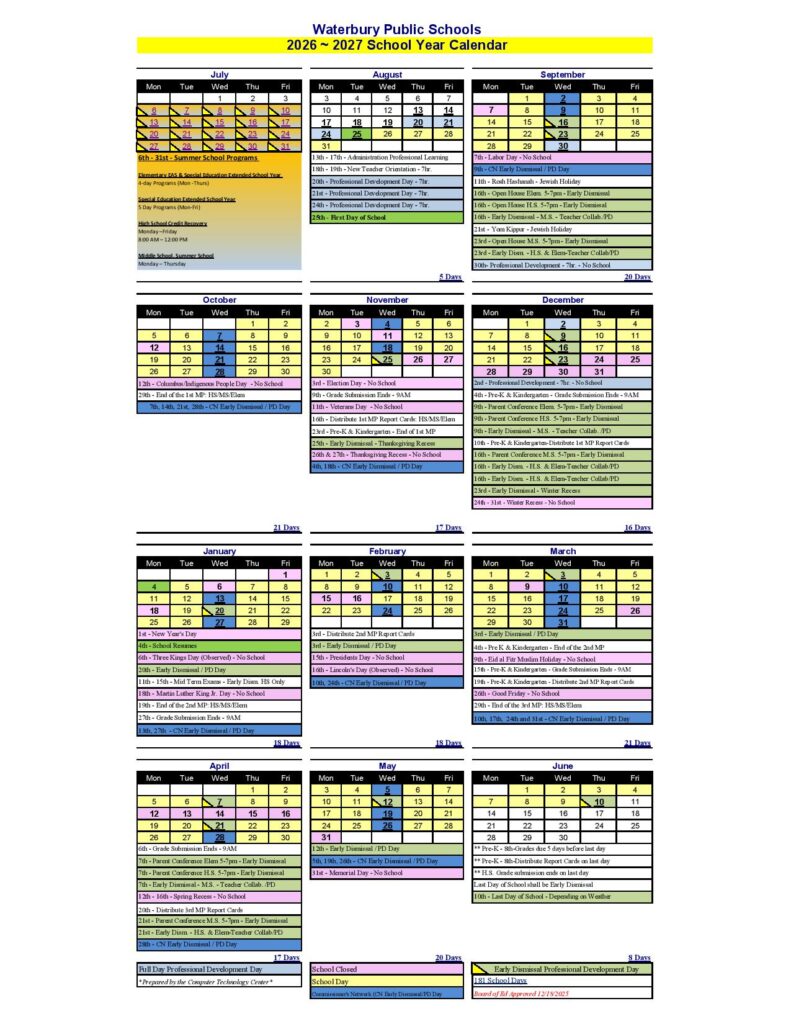 Waterbury Public Schools Calendar 2026-2027