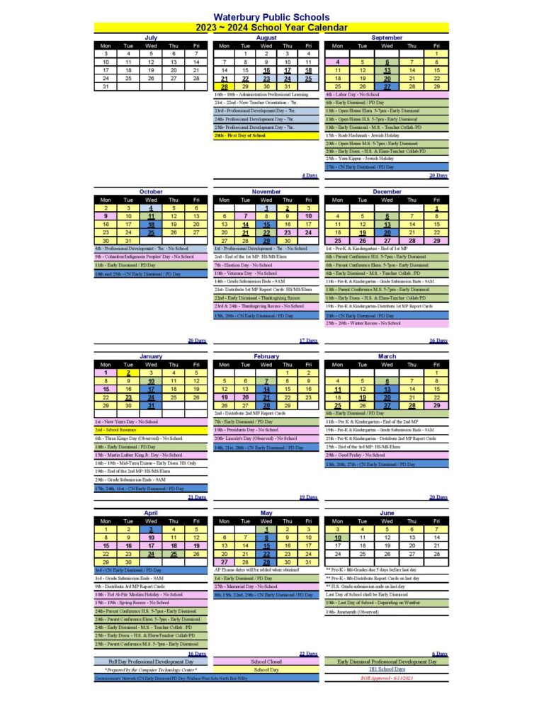 Waterbury Public Schools Calendar 2024 in PDF