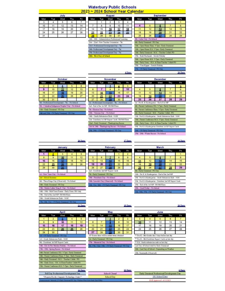 Waterbury Public Schools Calendar
