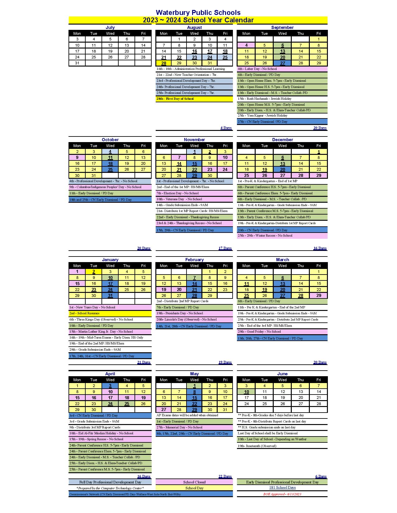 Waterbury Public Schools Calendar 2024 in PDF
