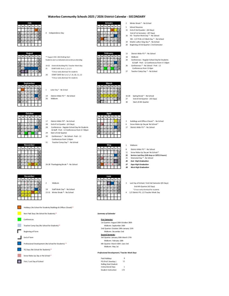 Waterloo School District Calendar 2025-2026