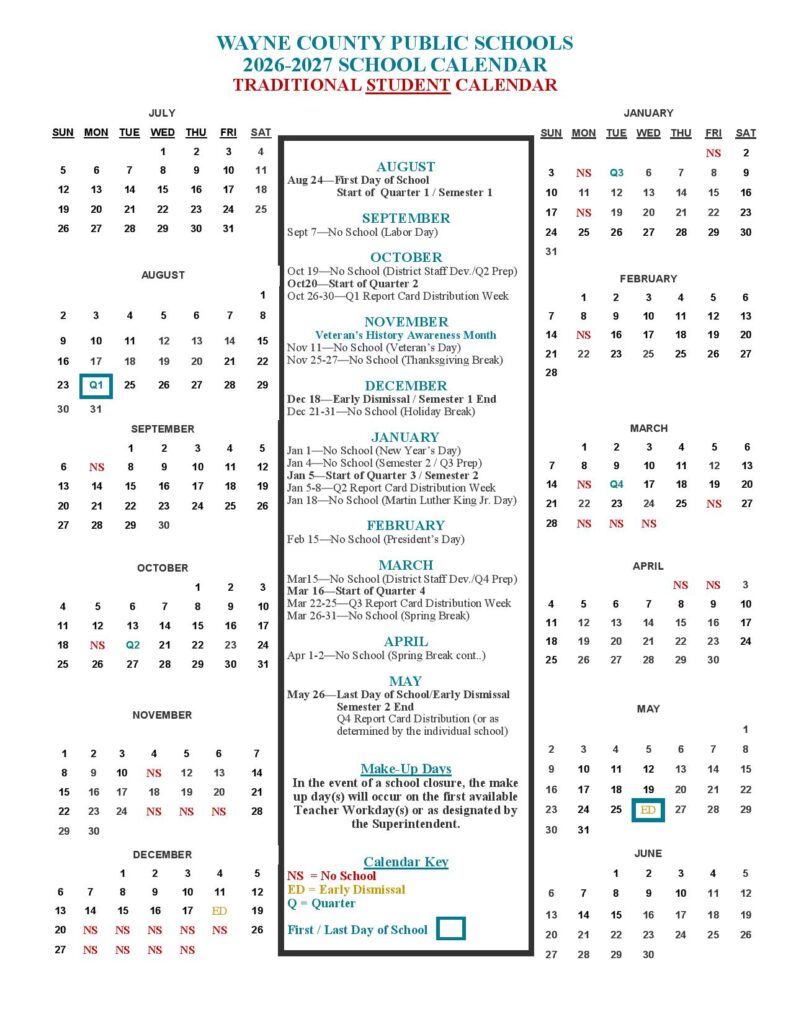 Wayne County Public Schools Calendar 2026-2027