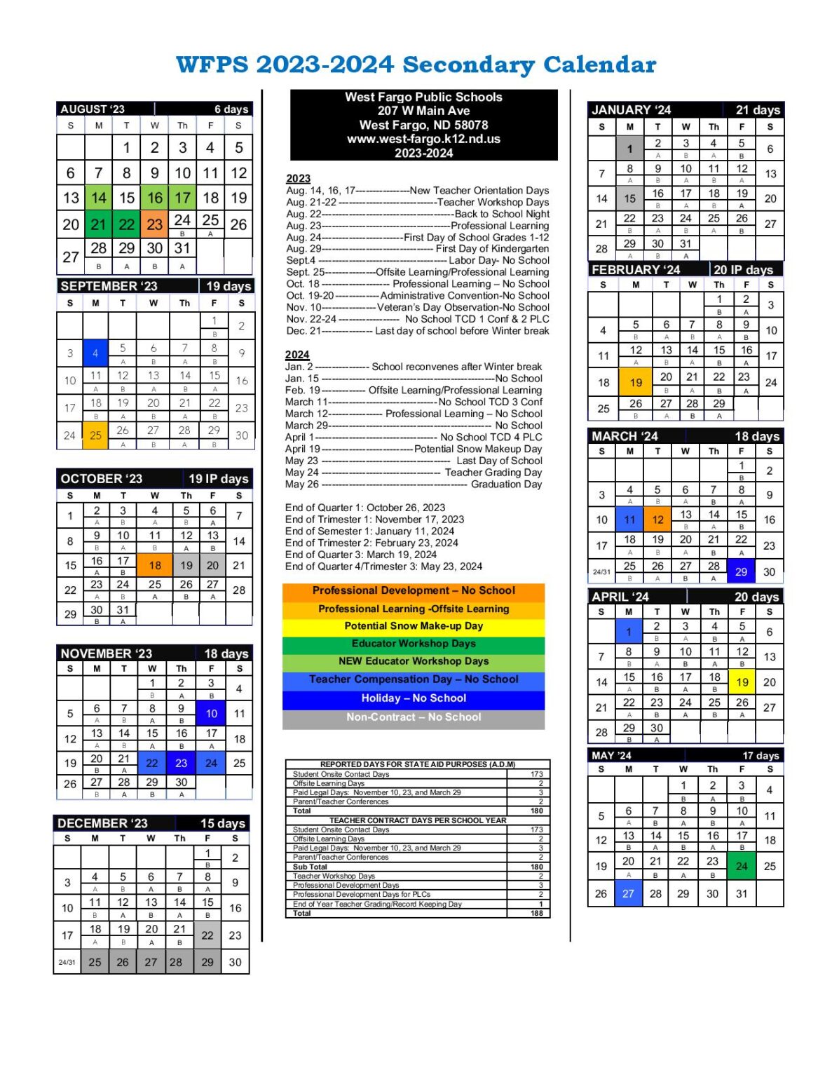 West Fargo Public Schools Calendar 20232024 in PDF