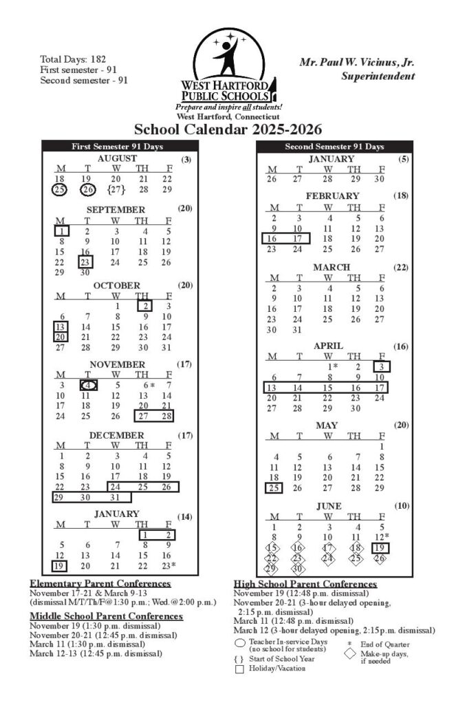 West Hartford Public Schools Calendar 2025-2026