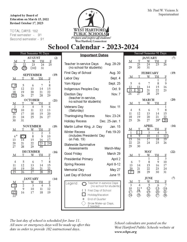 West Hartford Public Schools Calendar 20232024 in PDF