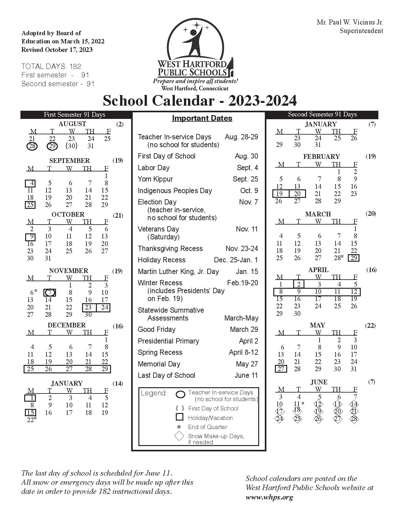 West Hartford Public Schools Calendar 2023 2024 in PDF