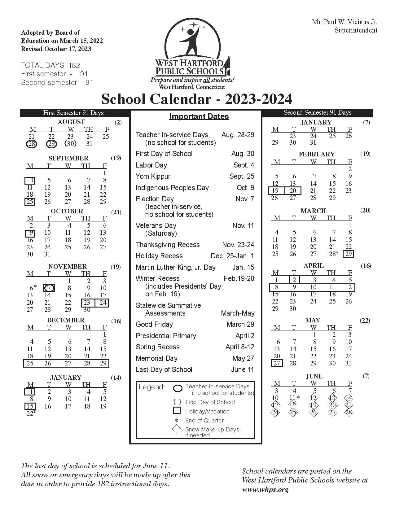 West Hartford Public Schools Calendar 2023 2024 In PDF