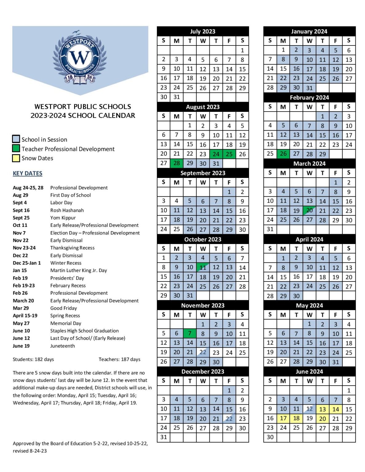 Westport Public Schools Calendar 2023 2024 In PDF