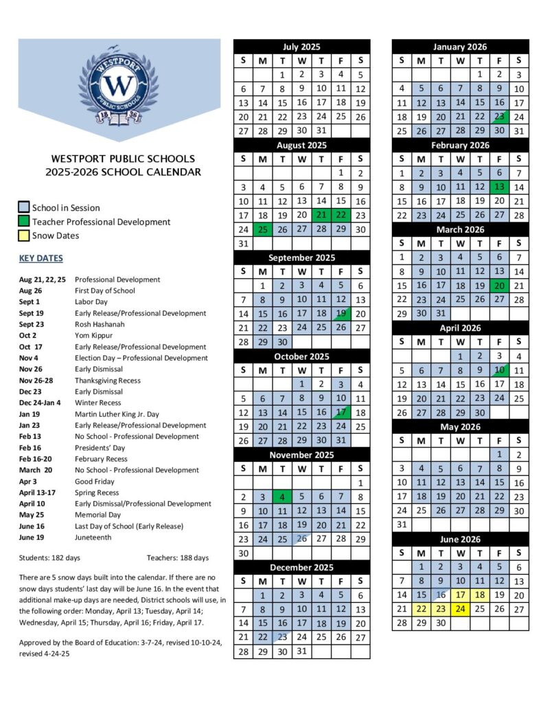 Westport Public Schools Calendar 2025-2026