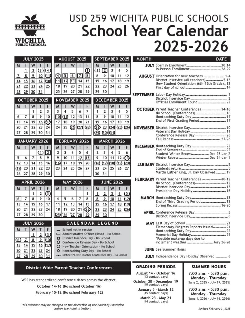 Wichita Public Schools Calendar 2025-2026