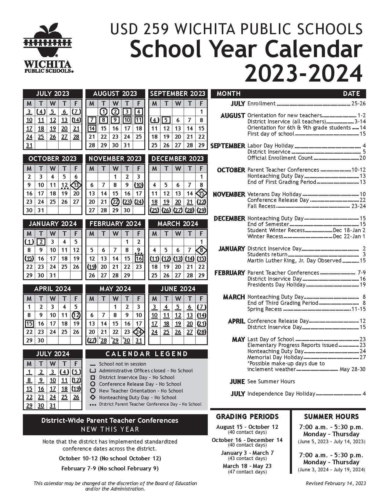 Wichita Public Schools Calendar 2024 in PDF