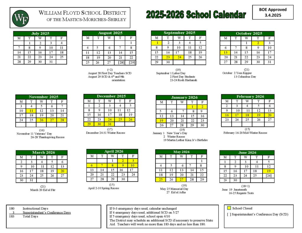 William Floyd School District Calendar 2025-2026