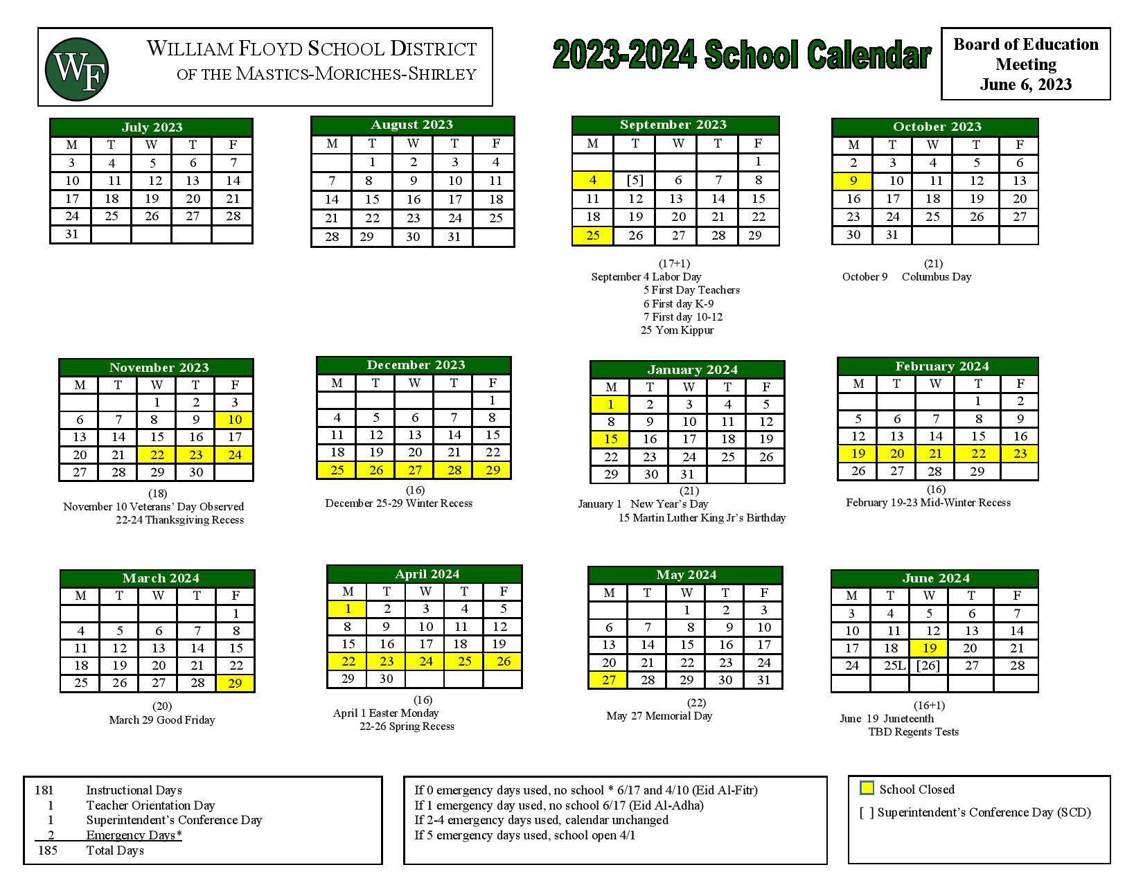 William Floyd School District Calendar 2024 in PDF