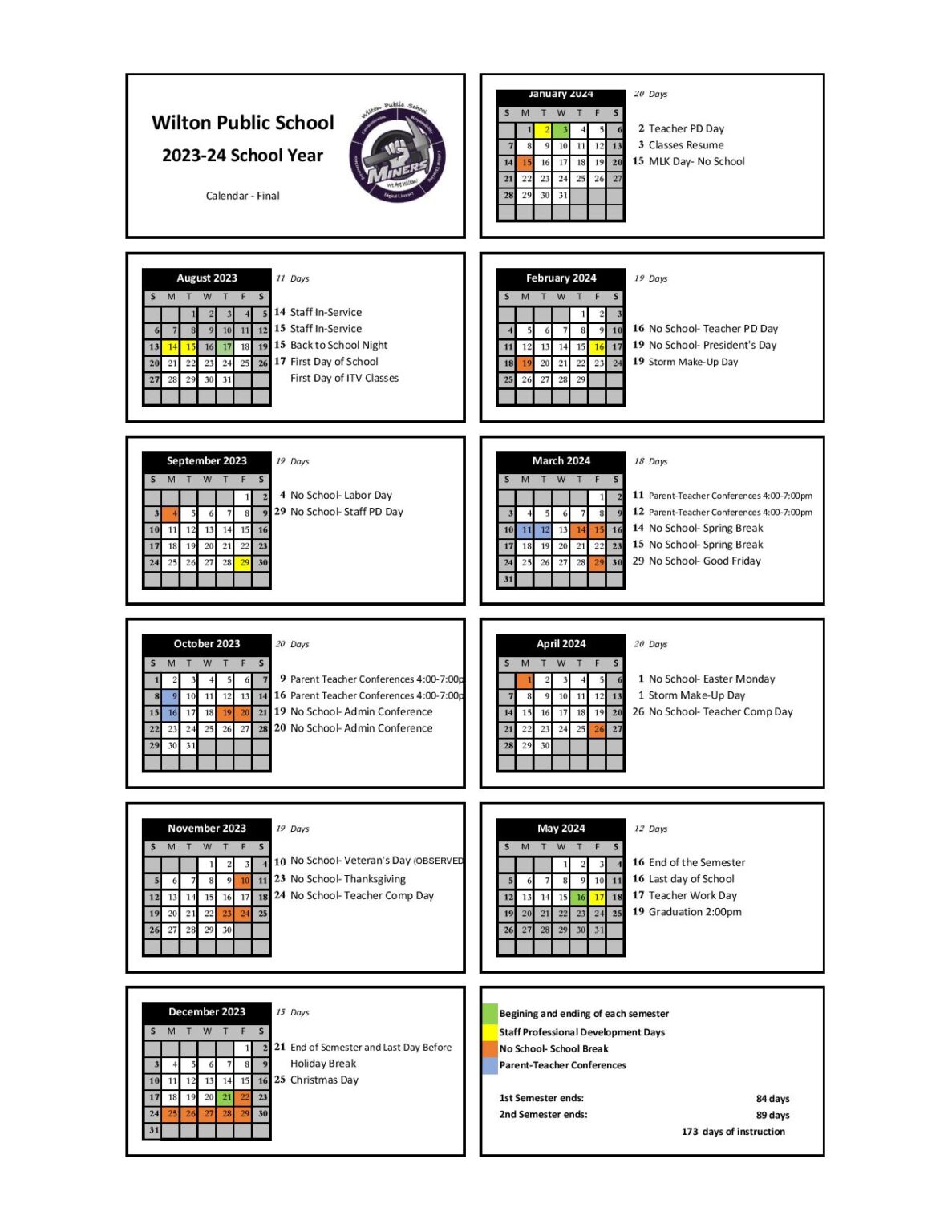 Wilton Public Schools Calendar 2024 in PDF