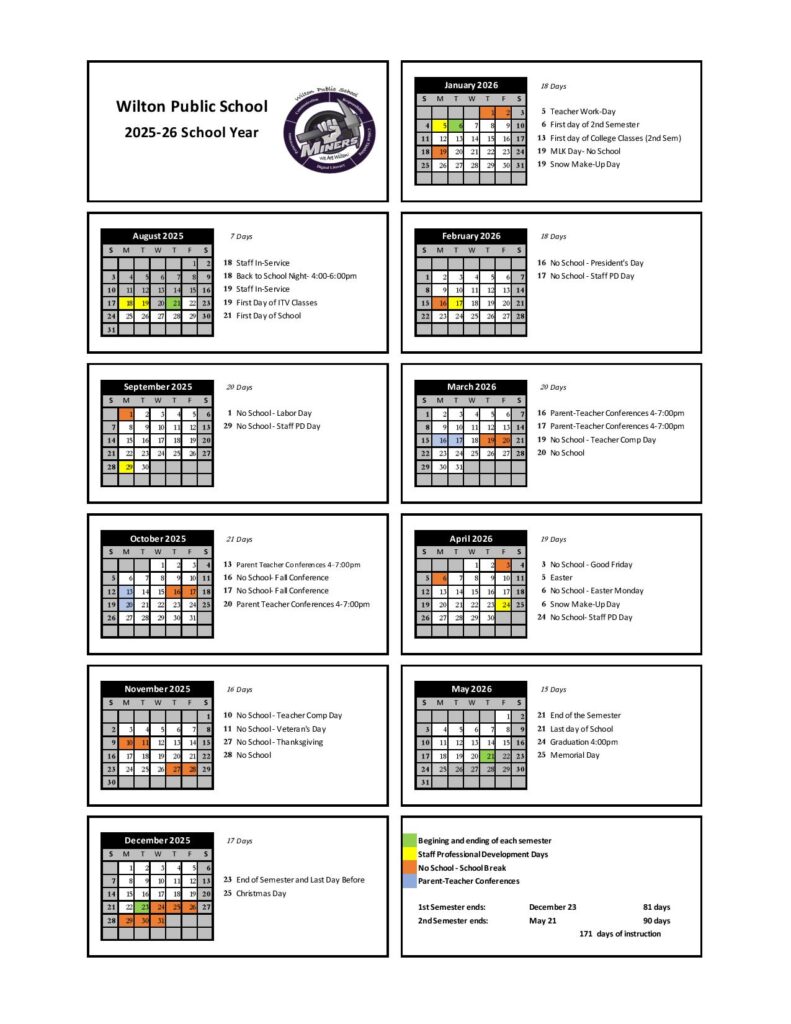 Wilton Public Schools Calendar 2025-2026