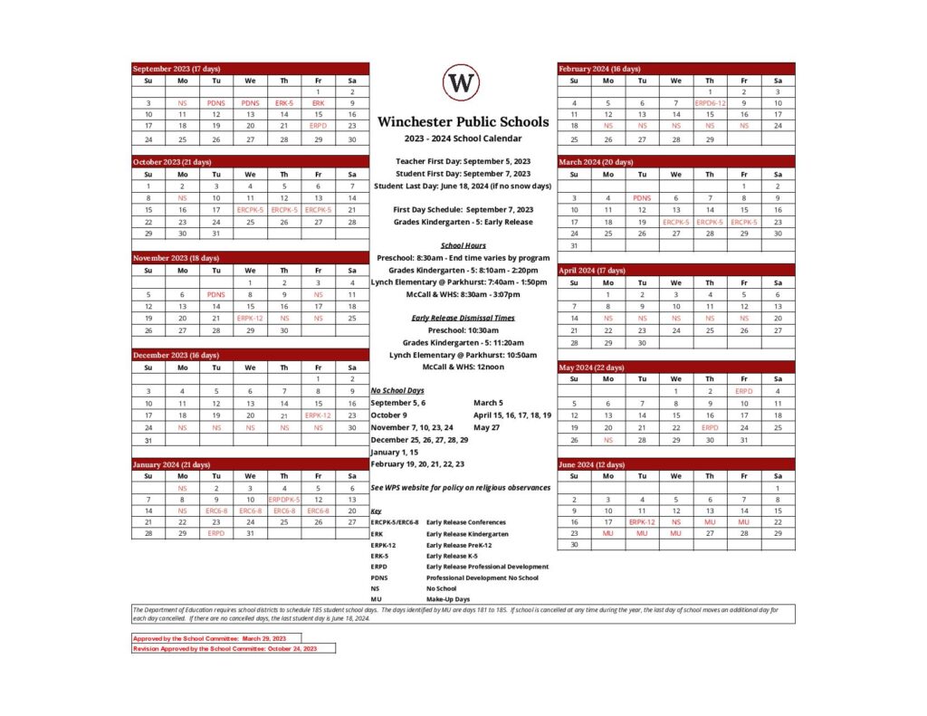Winchester Public Schools Calendar