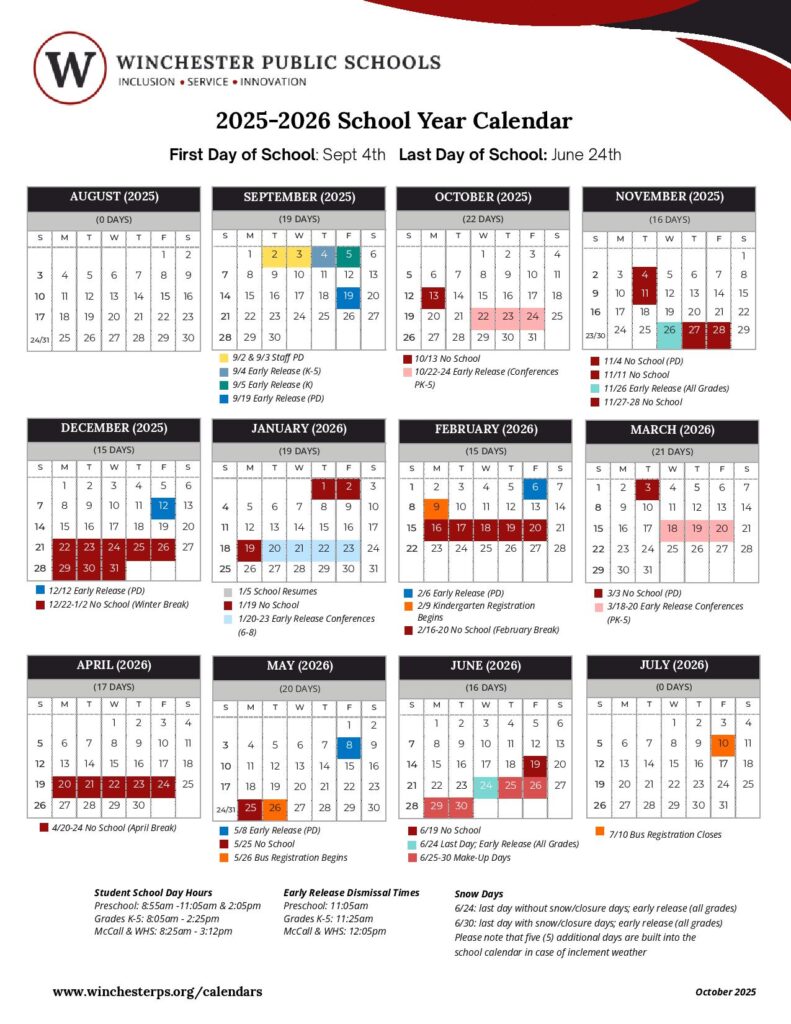 Winchester Public Schools Calendar 2025-2026