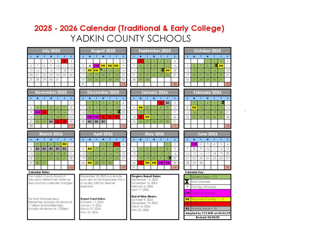 Yadkin County Schools Calendar 2025-2026