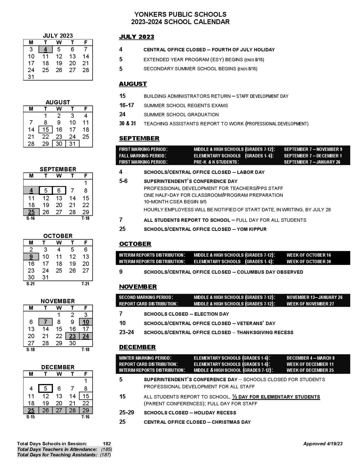Yonkers Public Schools Calendar 2024 in PDF
