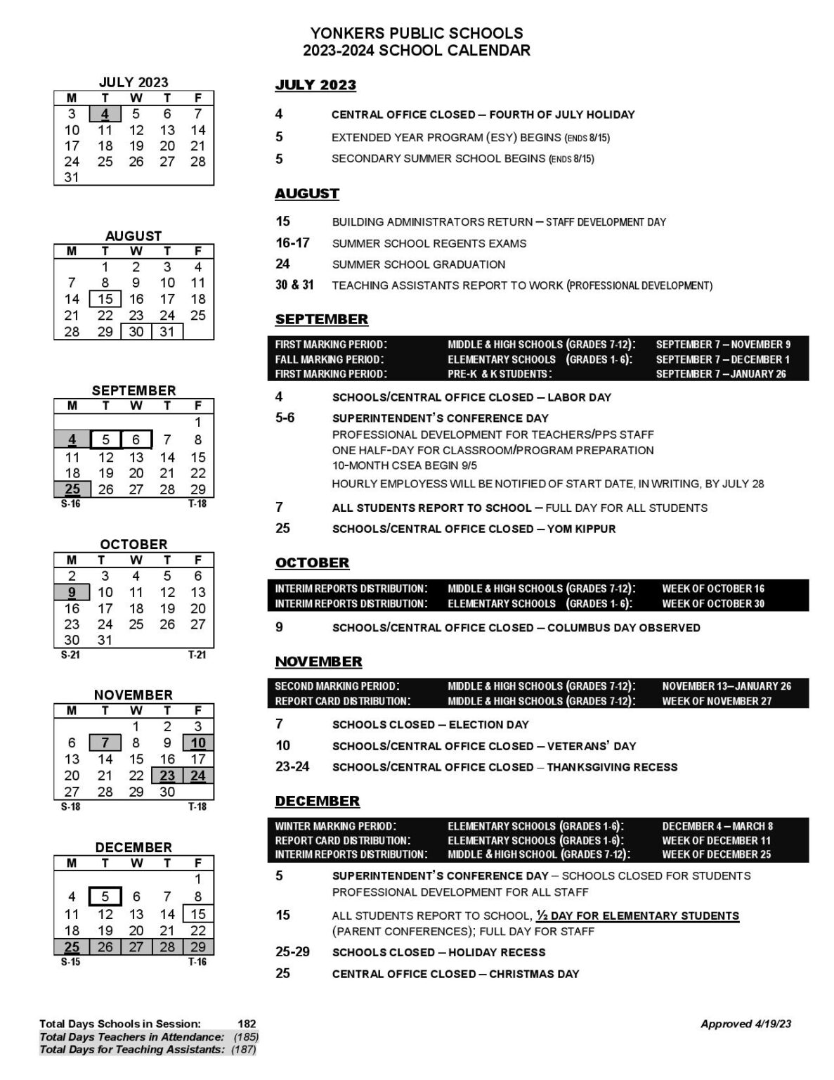 Yonkers Public Schools Calendar 2024 In PDF