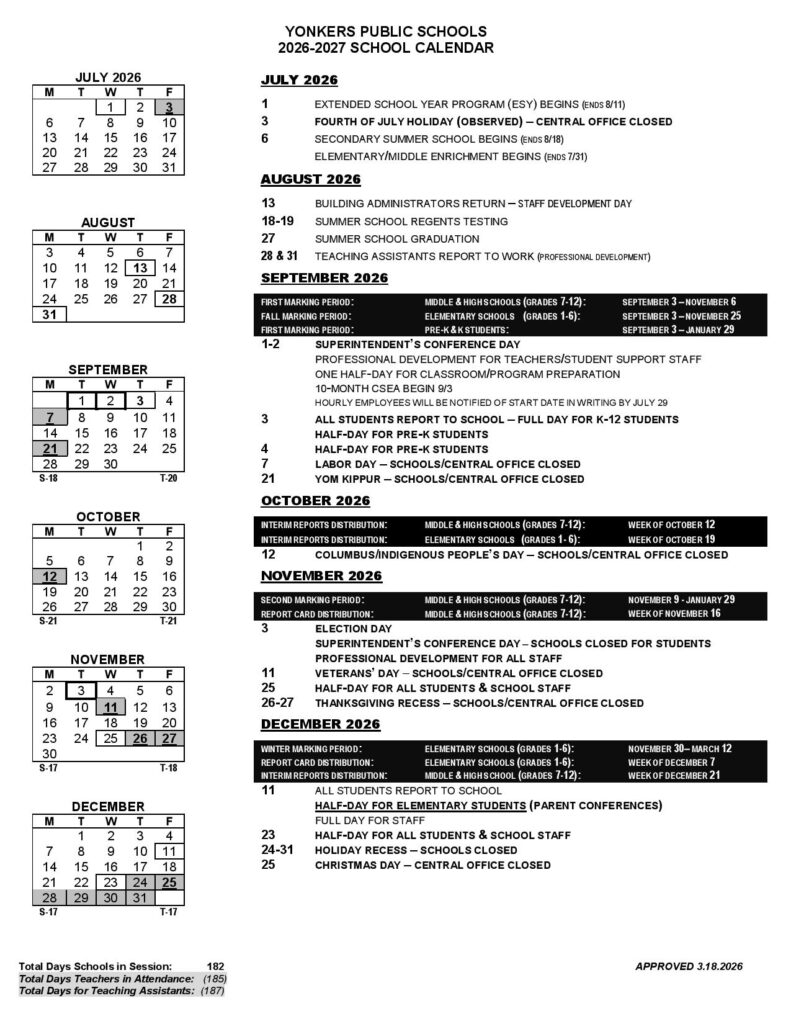 Yonkers Public Schools Calendar 2026-2027