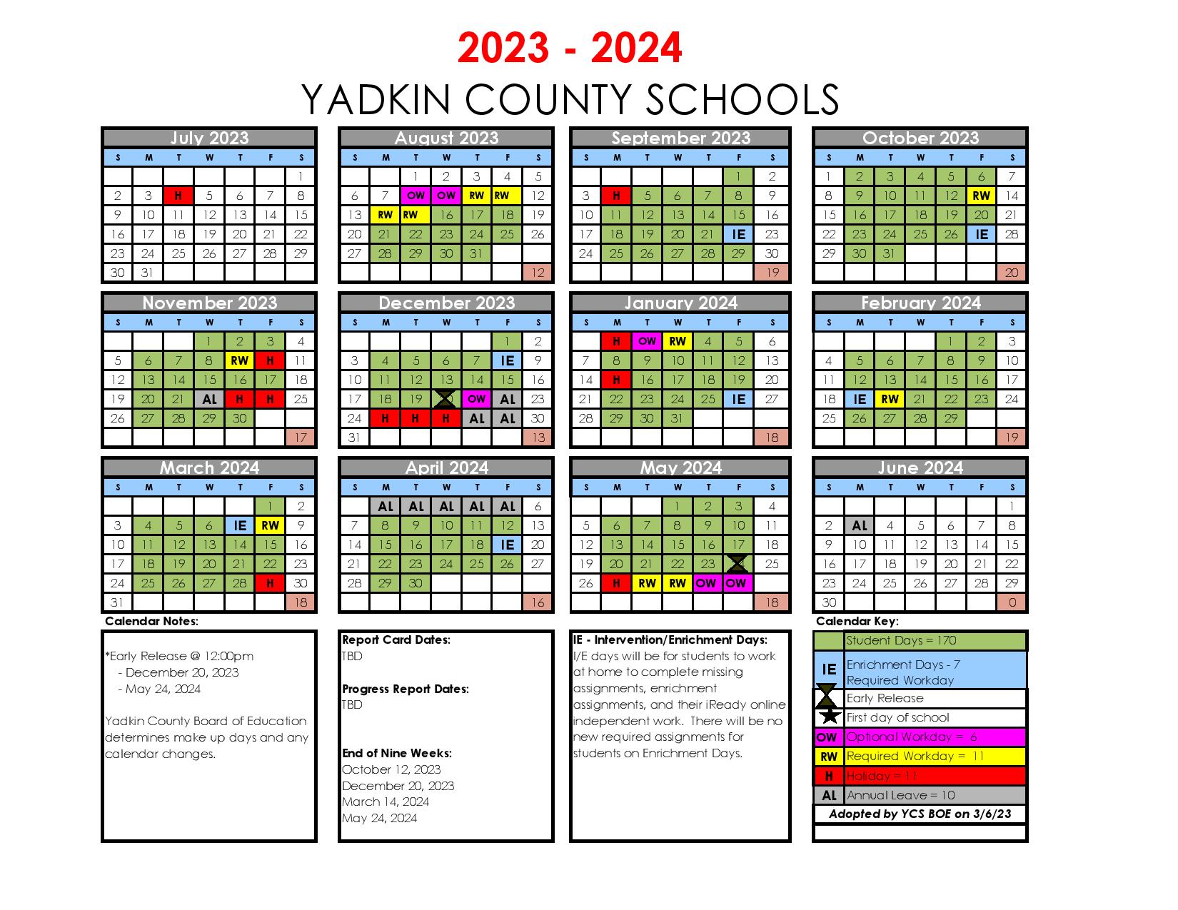 Yadkin County Schools Calendar 2024 in PDF