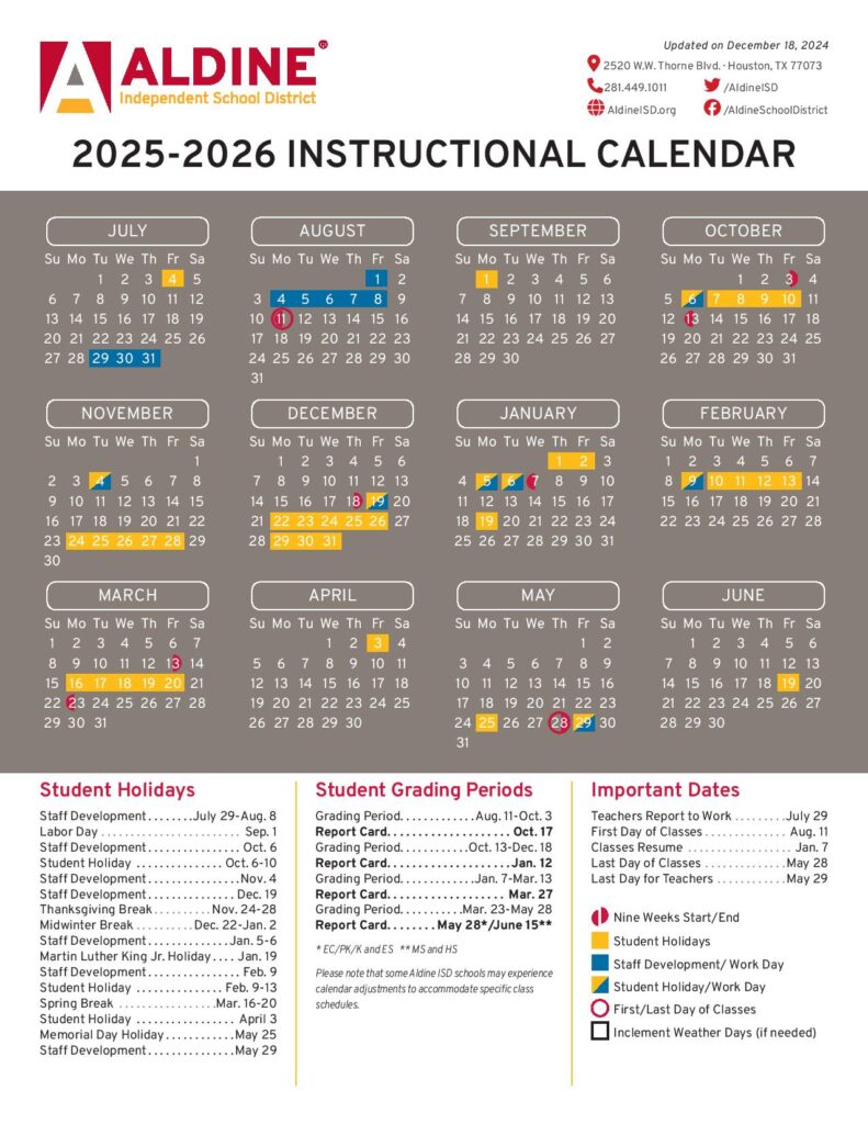 Aldine Independent School District Calendar 2025-2026