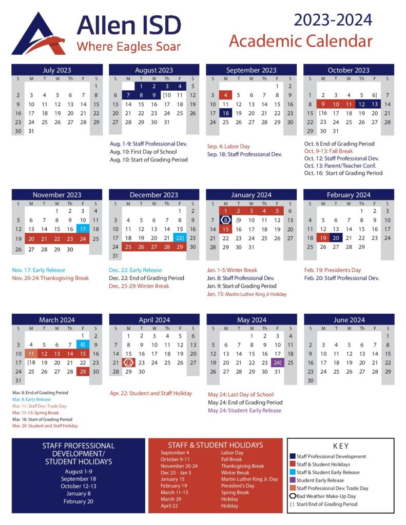 Allen Independent School District Calendar 2024 2025 in PDF