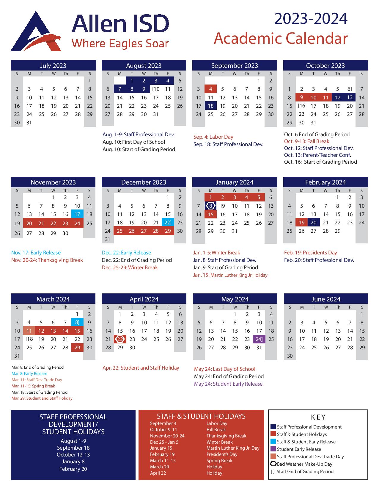 Allen Independent School District Calendar 20242025 in PDF