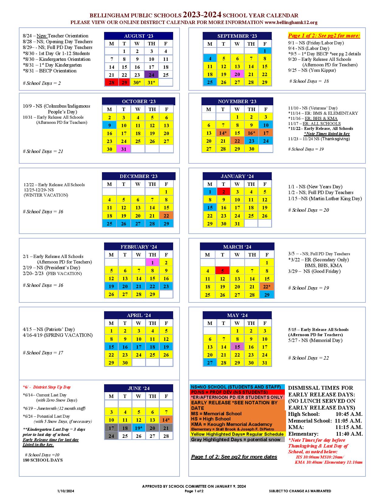 Bellingham Public Schools Calendar 2024 (Massachusetts)