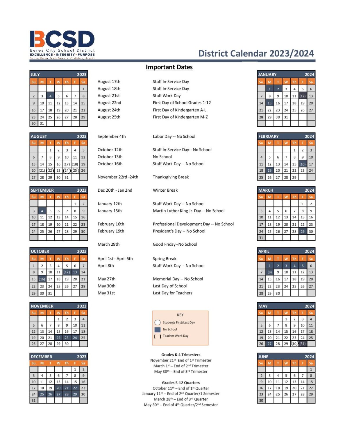 Berea City School District Calendar 20242025 (Ohio)