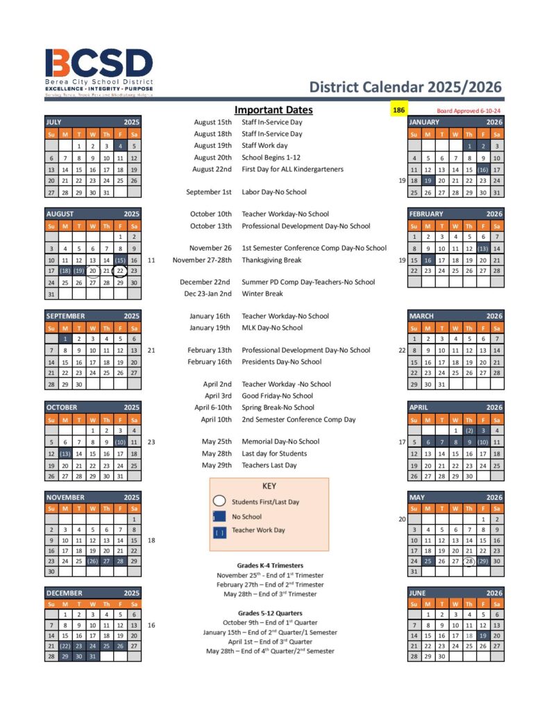 Berea City School District Calendar 2025-2026