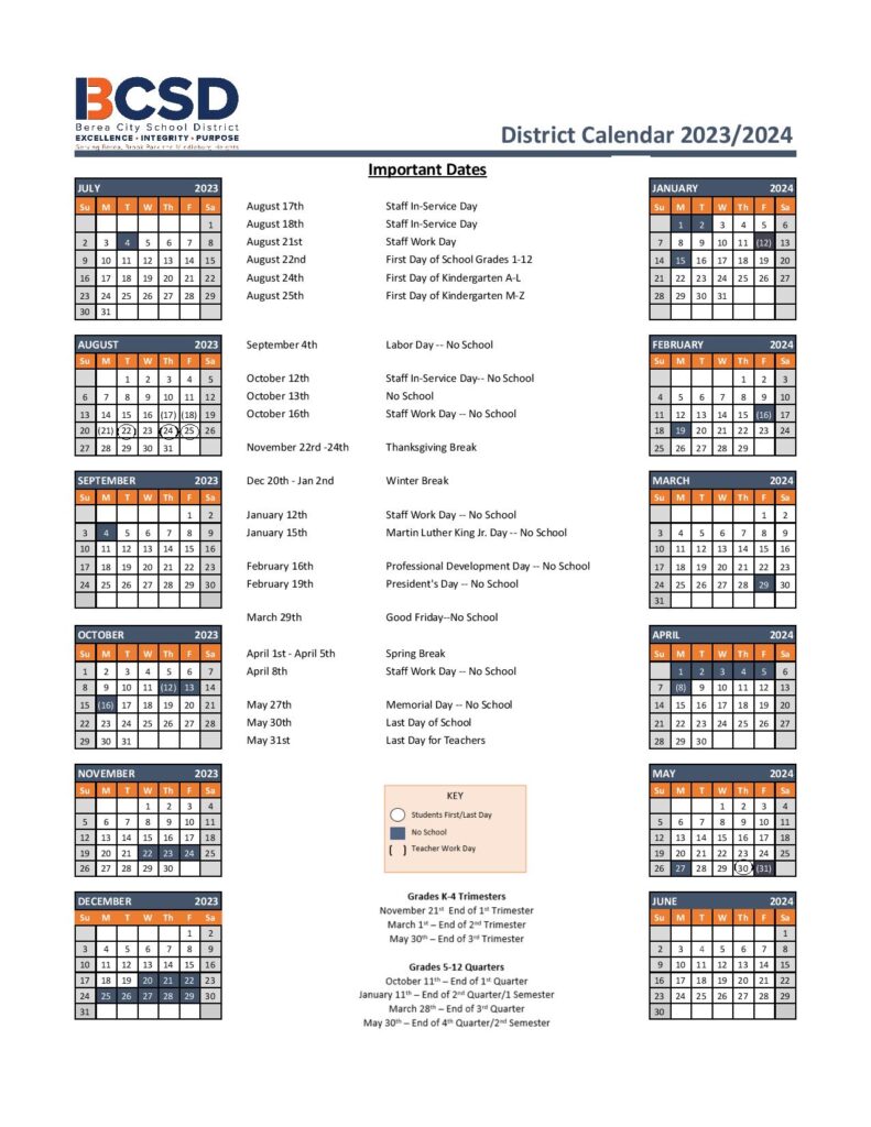 Berea City School District Calendar
