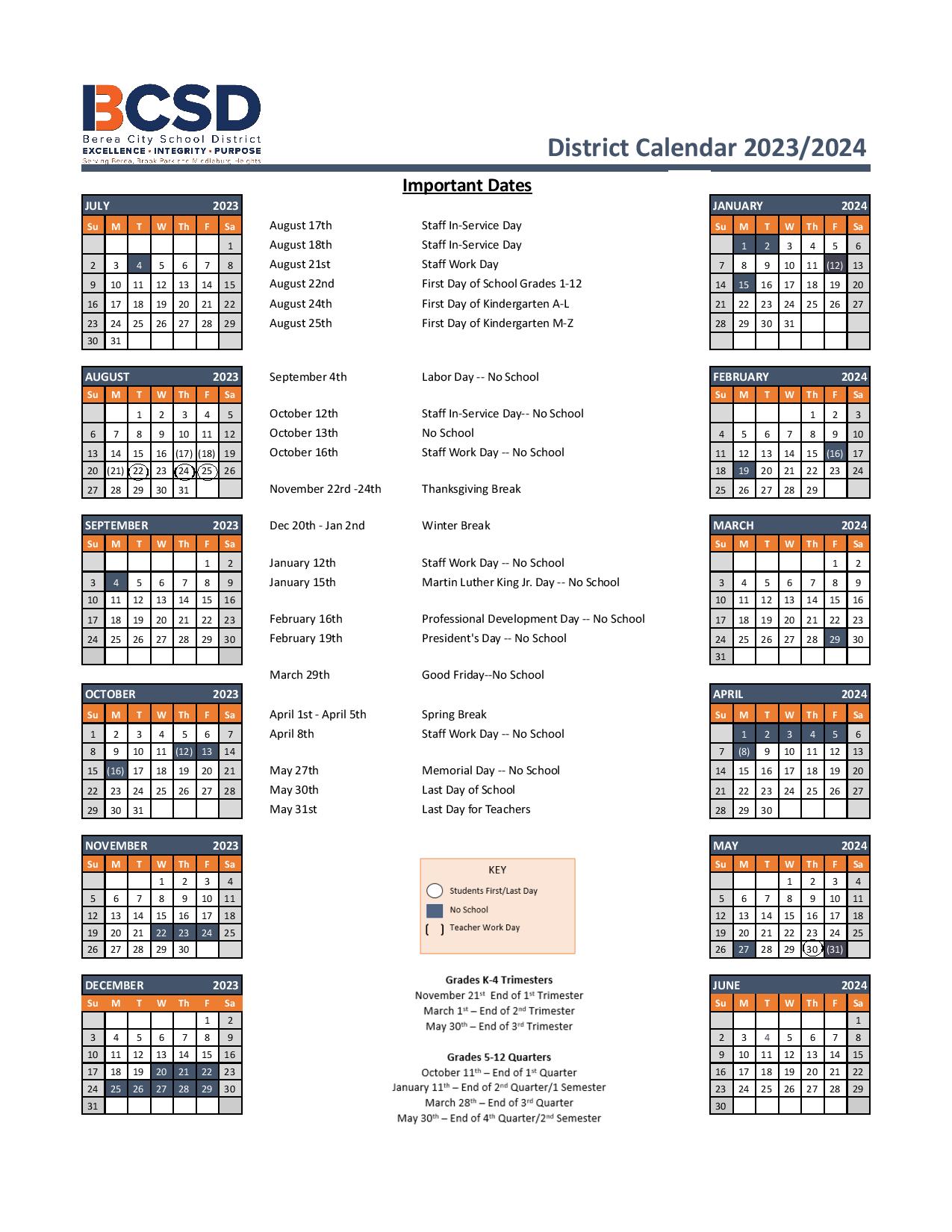 Berea City School District Calendar 2024-2025 (Ohio)