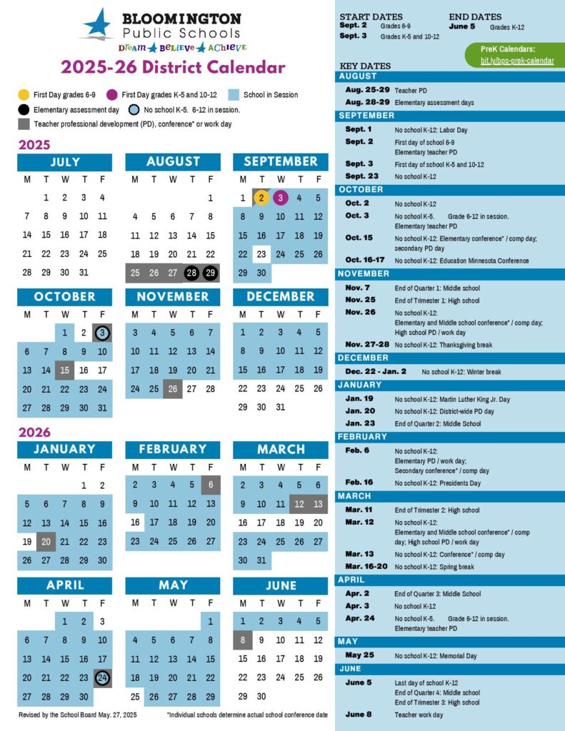 Bloomington Public Schools Calendar 2025-2026