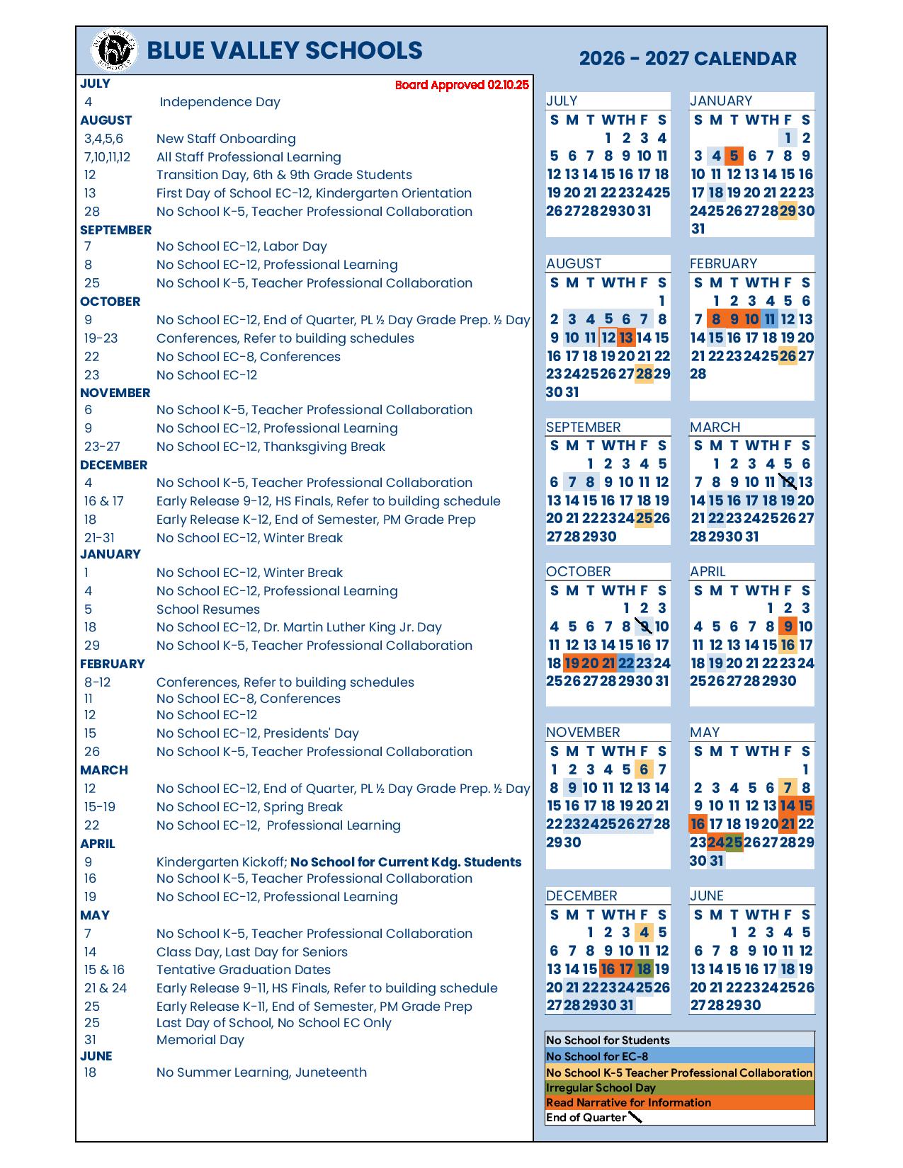 Blue Valley School District Calendar 2026-2027 (Kansas)