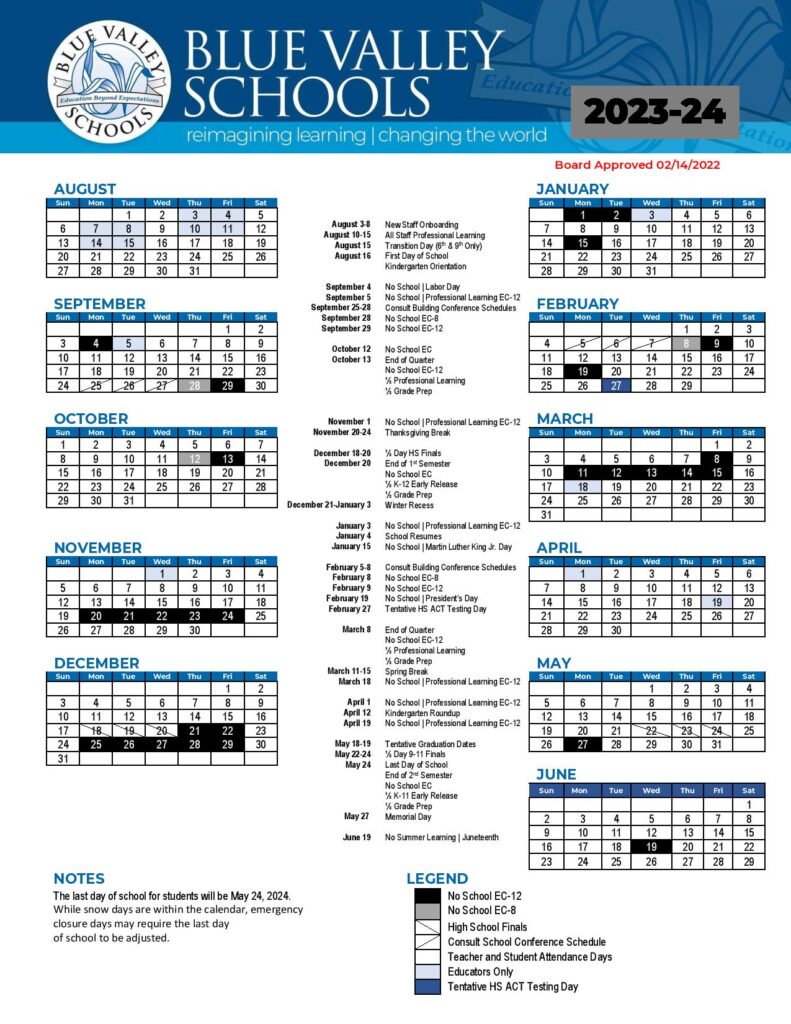 Blue Valley School District Calendar 20242025 (Kansas)