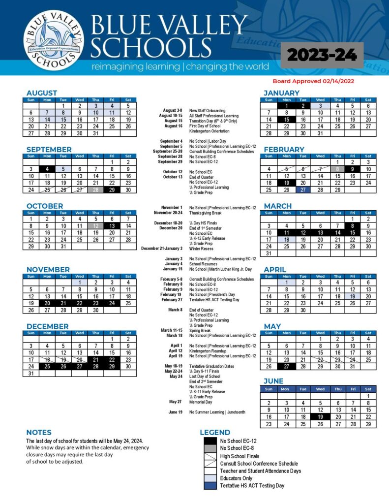 Blue Valley School District Calendar 2024 2025 Kansas 