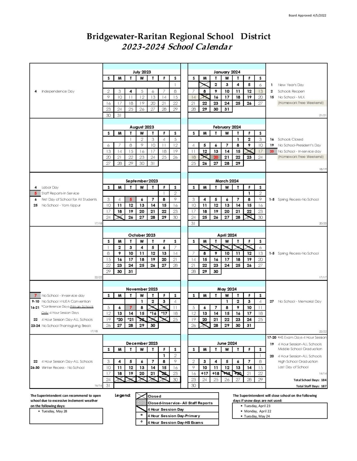 Bridgewater School District Calendar 20242025 (New Jersey)