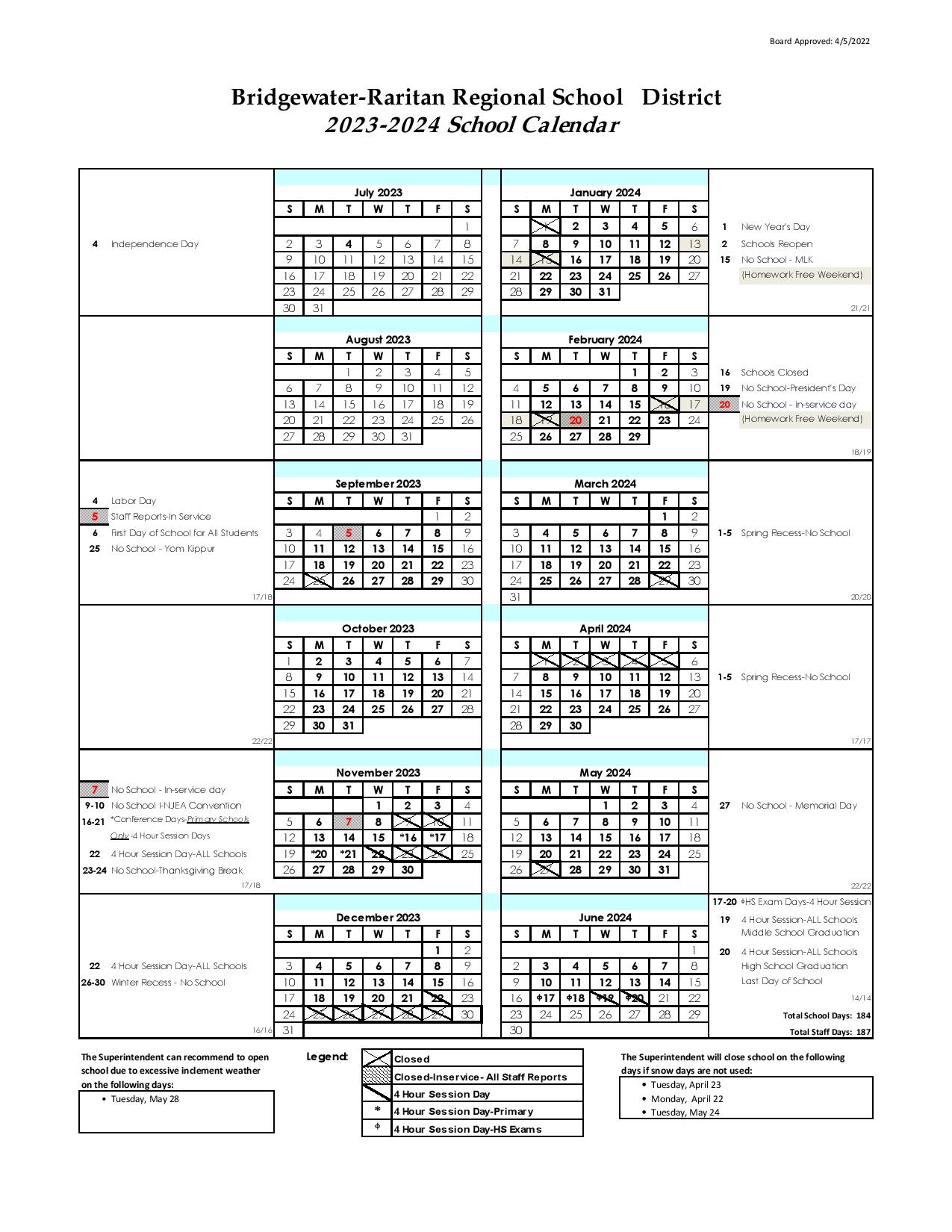 Bridgewater School District Calendar 20242025 (New Jersey)