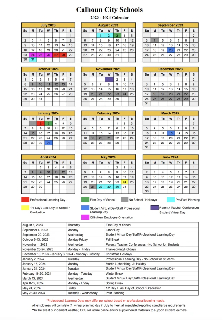 Calhoun City Schools Calendar 2024-2025 (Georgia)
