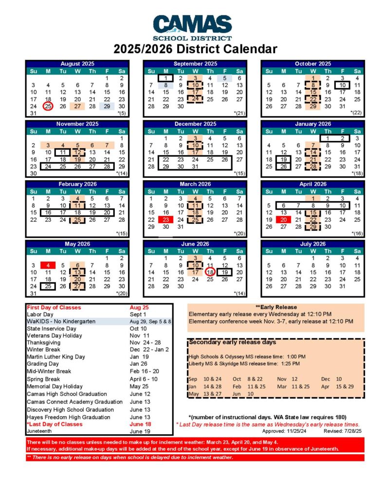Camas School District Calendar 2025-2026