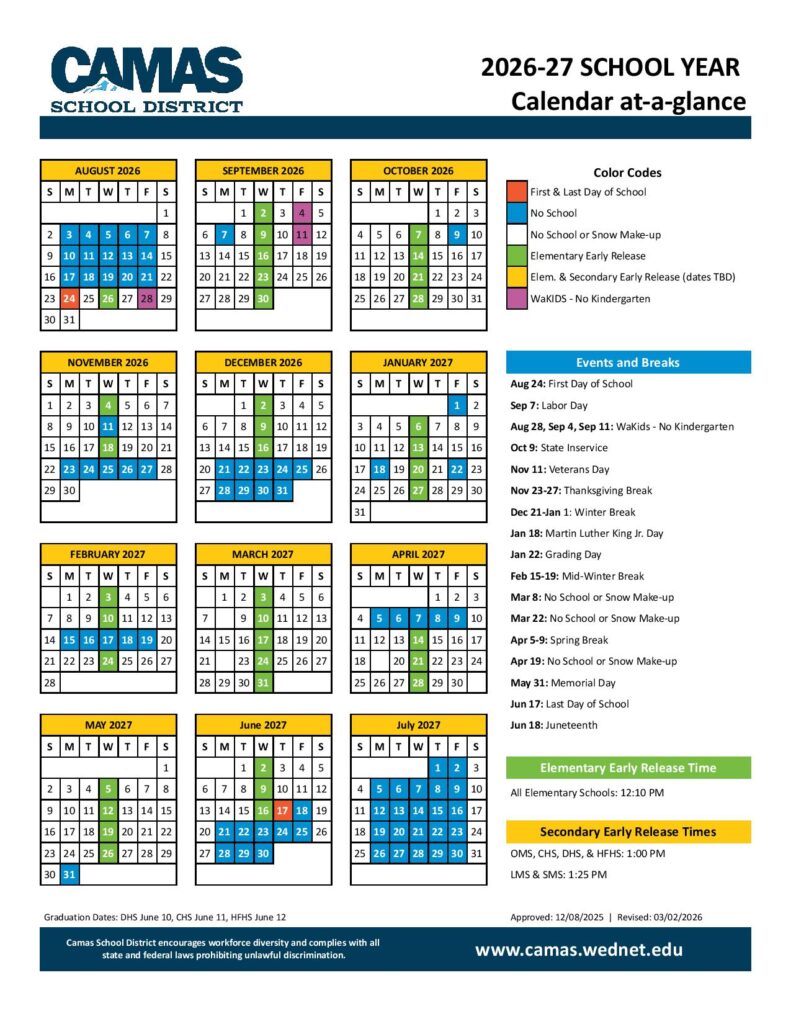 Camas School District Calendar 2026-2027