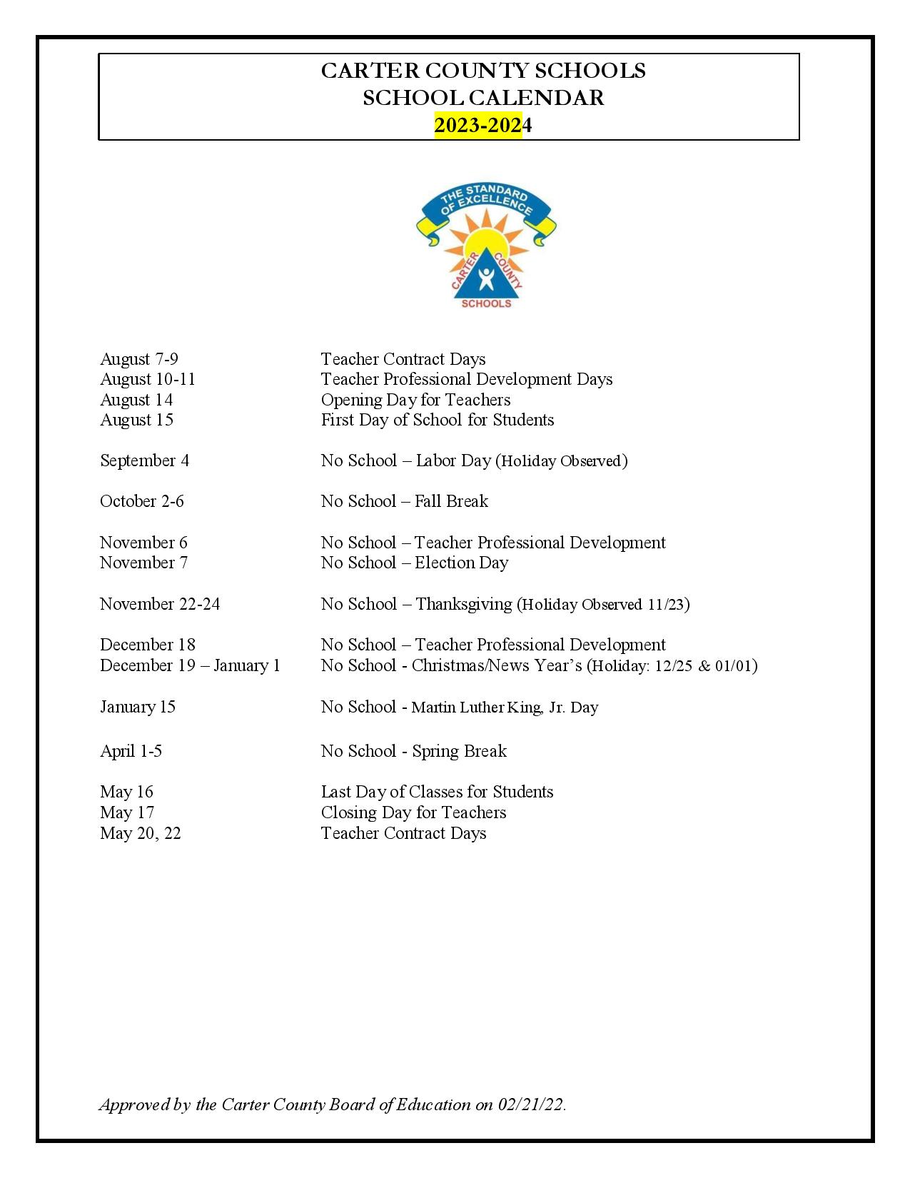 Carter County Schools Calendar 2024 (Kentucky)