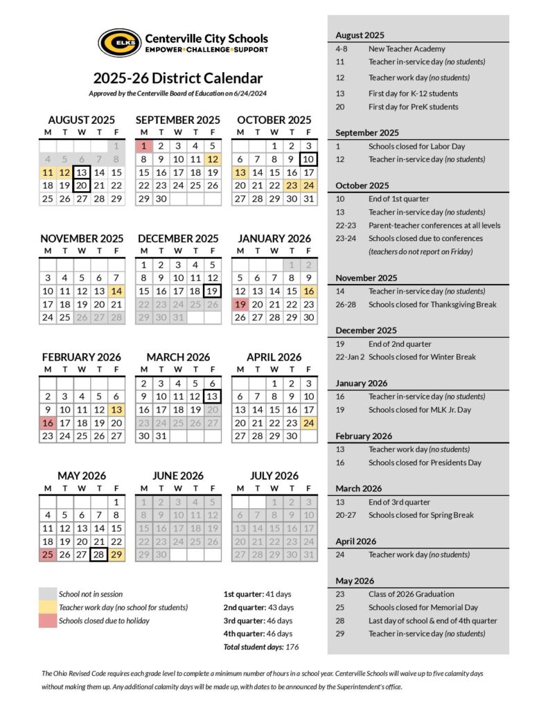 Centerville City Schools Calendar 2025-2026