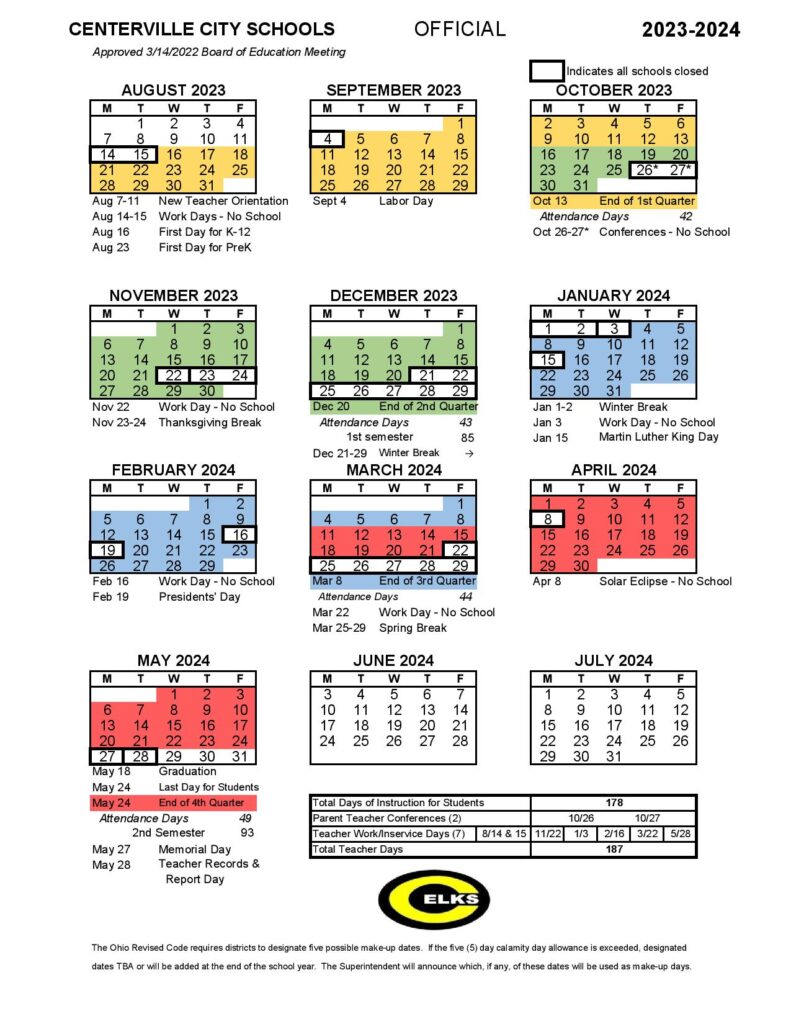 Centerville City Schools Calendar