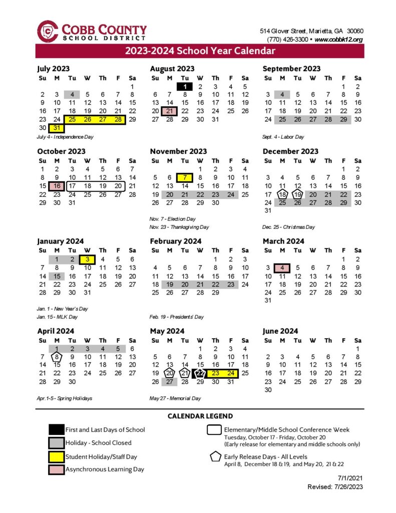 Cobb County School District Calendar