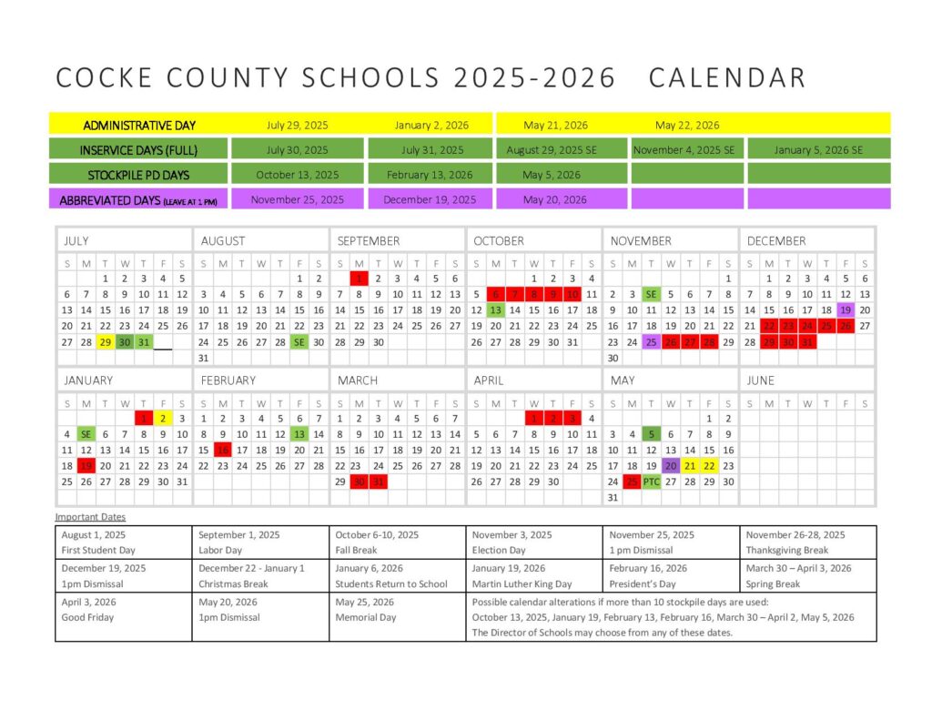 Cocke County Schools Calendar 2025-2026